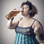 mujer con tripa cervecera bebe cerveza